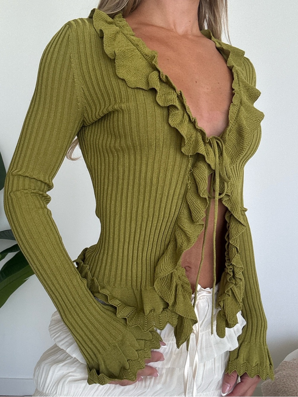 Ronny Kobo Olive Green Ruffle Tie-Front Ribbed Top